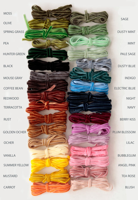 Thin 1/4 inch velvet ribbon by the yard for gift wrapping and wedding styling details