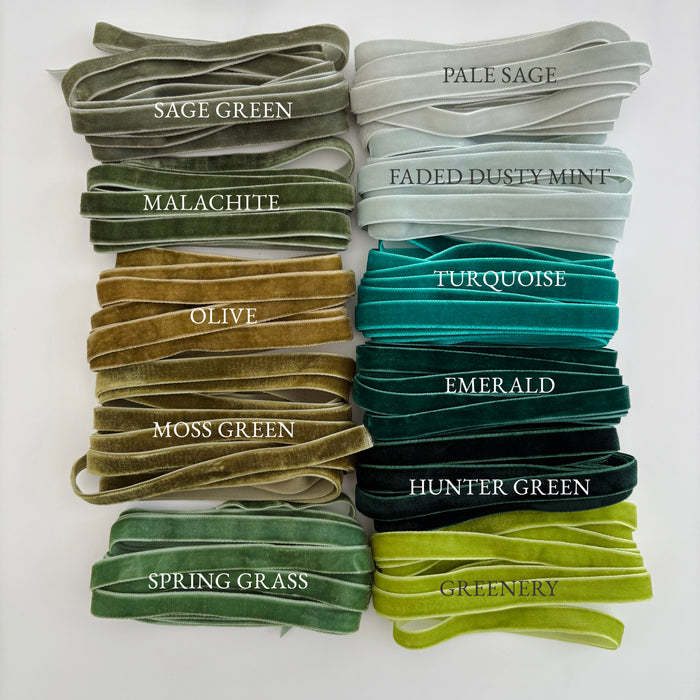 Hand dyed velvet ribbon in curated green palette for bridal bouquets and invitations