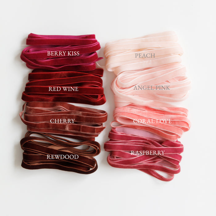 Hand Dyed Velvet Ribbon With Finished Edge: Red  and Pink Colors of 10 mm