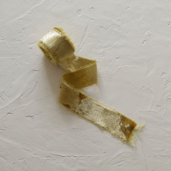 Golden olive - Hand dyed silk velvet ribbon